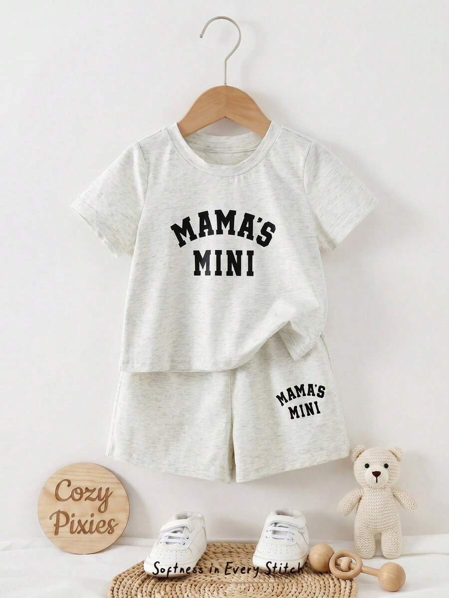 Cozy Pixies Bộ 2 món gồm áo thun ngắn tay cổ tròn in chữ và quần short cạp chun cho bé trai và bé gái, trang phục thường ngày mùa xuân/hè. - Xám - Xem 1