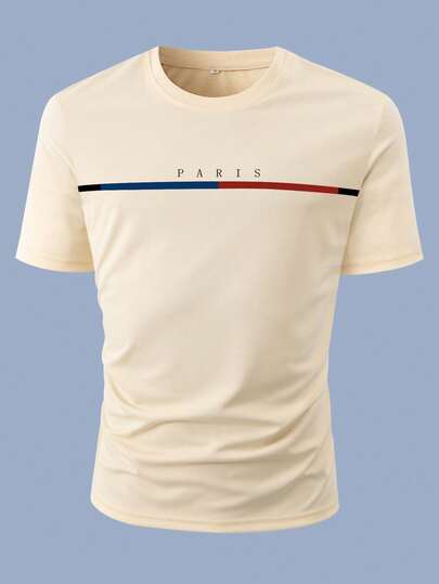 Manfinity Homme Men's Casual Daily Commute Minimalist Letter Print Short Sleeve T-Shirt, Summer