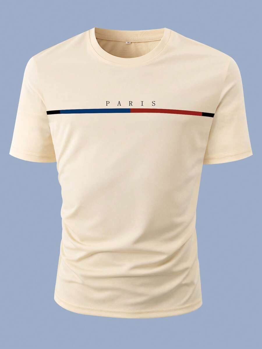 Manfinity Homme Camiseta de manga corta con estampado de letra minimalista para uso diario y casual de hombres, verano - Caqui - Ver 1