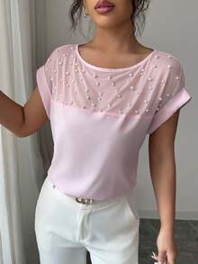 EMERY ROSE Blus Lengan Pendek Wanita Warna Pink Model Baru untuk Musim Semi/Panas, Motif Rajutan, Kasual, Elegan, dan Mewah - Baby Pink - View 7