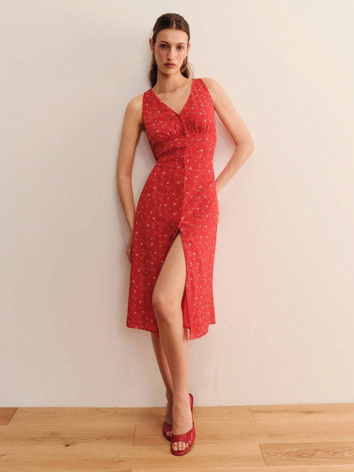 Red Floral Print Button Front Midi Tea Dress With Tie Back Detail Vintage Cute Spring Summer Elegant Dress Feminine Casual Holiday Dress French Style Dress