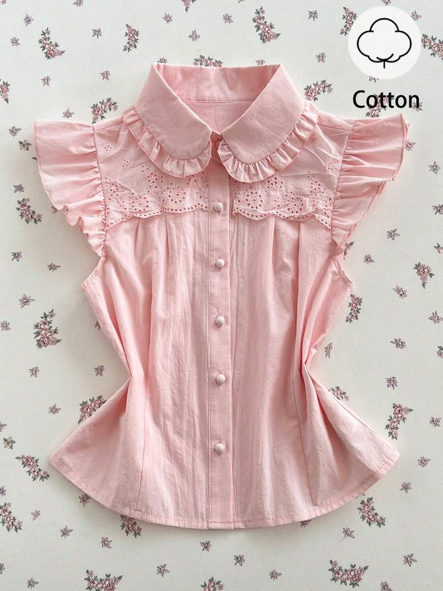 Flirla 女士夏季粉色纯棉面料彼得潘领花瓣袖刺绣花卉饰边装饰常规衬衫 - 粉色 - 查看 1