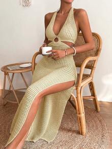 Breezaya Đầm dệt kim cổ yếm xẻ cao, hở lưng, buộc dây phía trước, gợi cảm dành cho nữ, thích hợp cho đi biển và nghỉ mát. - Màu vàng - Xem 4