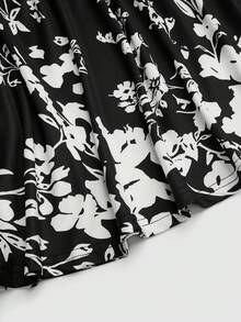 EMERY ROSE Plus Size Women's Spring/Summer Knitted Colorblock Floral Print Casual Vacation Solid V-Neck Cinched Waist Slant Pocket Mid-Length Dress - Black - View 7