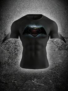 BATMAN X SHEIN RISE LYT 男士极简印花圆领短袖运动T恤 - 黑色 - 查看 1