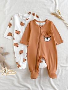 SHEIN Vintaside Kids 2件套男婴白色和灰色可爱大象印花长袖连体衣，适合秋冬季外出穿着，舒适百搭 - 棕色 - 查看 4
