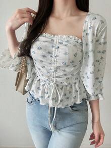 FRIFUL Áo dài tay họa tiết hoa nhí kiểu dáng thường ngày dành cho nữ, phối cùng áo hai dây, thích hợp cho mùa xuân/thu. - trắng - Xem 6