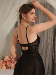 DelicateAllure 4 件套蕾丝撞色网眼性感女士睡衣 - 黑色 - 查看 2