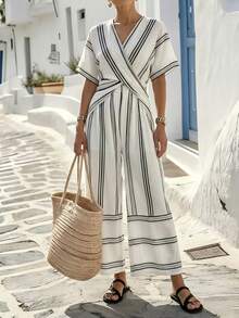 SHEIN Holidaya Women's Elegant Vacation Casual Striped 2 Pieces Set - Multicolor - View 4