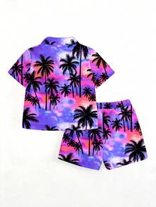 SHEIN Conjunto de shorts de praia e camisa de manga curta para menino, estilo casual minimalista com estampa de plantas tropicais. - Multicolorido - Ver 2