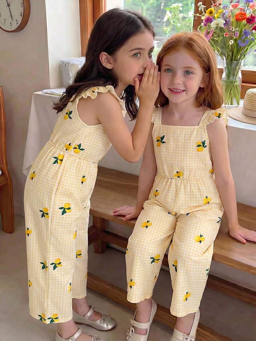 SHEIN Vintaside Kids Bộ áo liền quần in họa tiết kẻ caro chanh cho bé gái, tay bồng, trang phục thường ngày dễ thương cho những chuyến đi chơi và kỳ nghỉ hè. - Màu be - Xem 1