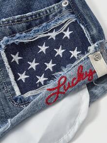 ROMWE Street Life Shorts vaqueros de mujer, estilo Y2K, azul retro, ajuste sexy y delgado, shorts vaqueros desgastados con bordado de estrella de cinco puntas y dobladillo crudo - Azul - Ver 2