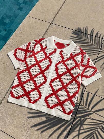 ROMWE MEN Retro American Red & White Plaid Hollow Knit Polo Collar Short Sleeve Cardigan, Casual Chic Top For Men In Summer