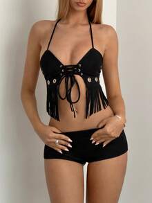 EgrlEra Women's Tassel Keyhole Tie-Up Crop Top And Shorts Sexy 2 Pieces Set For Dates, Parties - Black - View 4