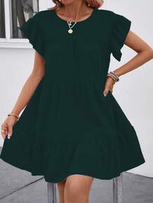 Breezaya Đầm babydoll dáng rộng màu trơn cổ tròn cho nữ mùa hè, có viền bèo nhún, thích hợp cho kỳ nghỉ đi biển. - Xám Xanh - Xem 5
