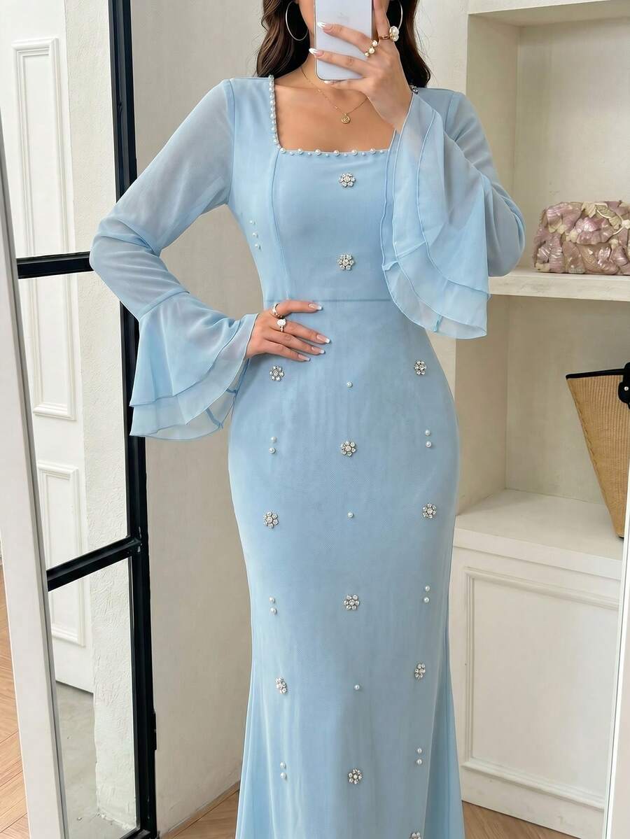 Modelyn 淺藍色與白色珍珠飾方領喇叭袖長版洋裝,夏季優雅婚禮賓客貼身晚禮服女款 - 藍色 - 查看 1