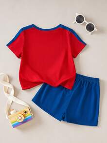 SHEIN X The Smurfs 2pcs/Set Casual Style Baby Boy Cartoon Print Round Neck Short Sleeve T-Shirt And Shorts Comfortable Set - Multicolor - View 2