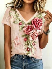 Women's V-Neck Floral Applique Casual Short Sleeve T-Shirt, Summer - Multicolor - View 1