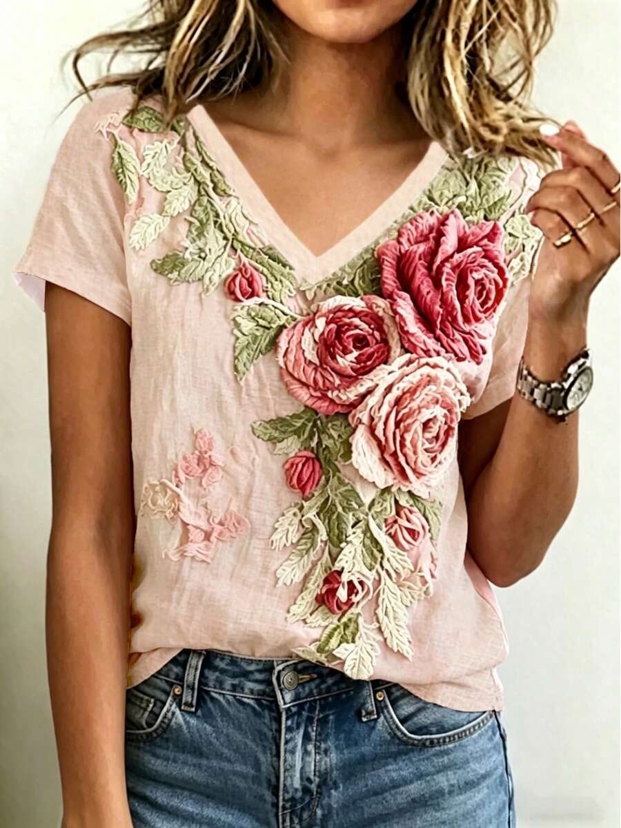 Women's V-Neck Floral Applique Casual Short Sleeve T-Shirt, Summer - Multicolor - View 1