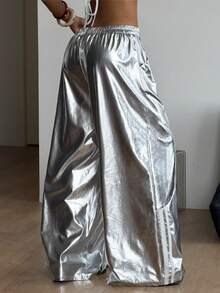 Coolane Women's Metal Texture Pocket Loose Casual Wide Leg Pants - Silver - View 6