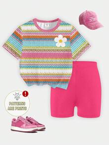 Spring And Summer Girls Casual Fashionable Creative Colorful Striped Floral Print T-Shirt And Bike Shorts Set, Comfortable Daily Wear - Multicolor - View 5