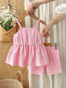 SHEIN Vintaside Kids 2件套女婴幼儿/新生儿0-3岁休闲可爱度假粉色针织镂空吊带背心+短裤套装，春夏款 - 粉色 - 查看 7