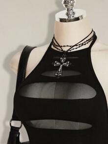 SHEIN ICON 橙色扎染破洞面料露背吊带紧身迷你连衣裙 - 彩色 - 查看 5