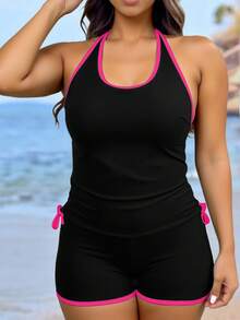Swim Lushoire Plus Size Women's Cerise Pink Bikini Set,Comfy Summer Beach Holiday Contrast Color Round Neck Criss-Cross Back Drawstring Sleeveless Top&Shorts Set - Black - View 4