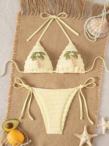 Swim Mod New Arrival Spring/Summer Women's Bikini Set, Triangle Swimwear With Tie-Up, Sexy Beach Swimwear With Coconut Tree & Pearl Decor - Yellow - View 3