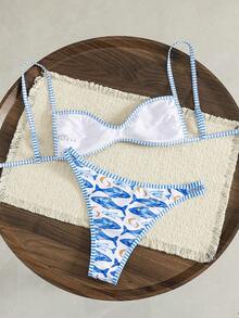 SHEIN Swim Vcay Women's Beach Music Festival Spring/Summer Ocean Life Striped Print Fine Shoulder Strap Vacation Style Backless Sexy Bikini Set - Multicolor - View 2