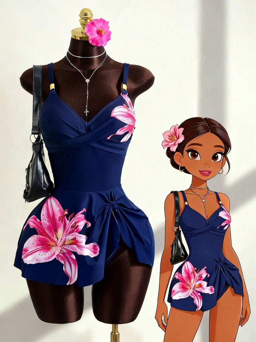 Hot Selling Spring/Summer Beach Vacation Adjustable Strap Metal Accessory Floral Print Bikini 2 Pieces Set - Navy Blue - View 1