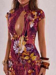 SHEIN BAE Women's Floral Print Hollow Out Design Cap Sleeve Fitted Mini Dress - Redwood - View 7