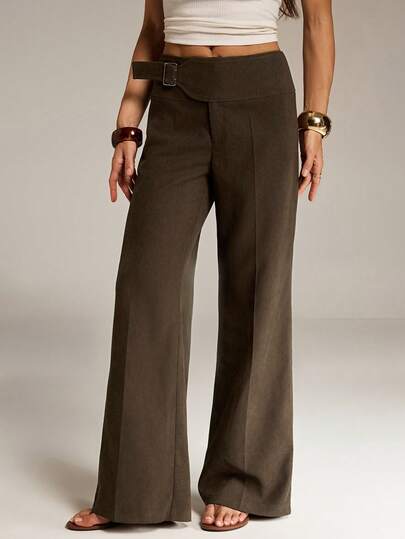 SHEIN Tall Pantalones anchos versátiles y casuales de mujer con ojales de metal de color marrón café, ropa de mujer de otoño