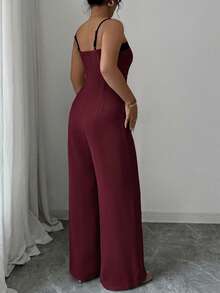 Elenzga Plus Size Contrast Color Casual Jumpsuit Straight Leg Long Pants For Women - Burgundy - View 2