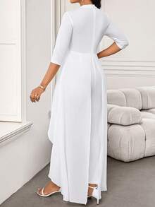 SHEIN Lady Women's Fashionable Elegant White Petal Collar Hollow Out Design Short Sleeved Jumpsuit With Asymmetrical Leaf Hem - White - View 2