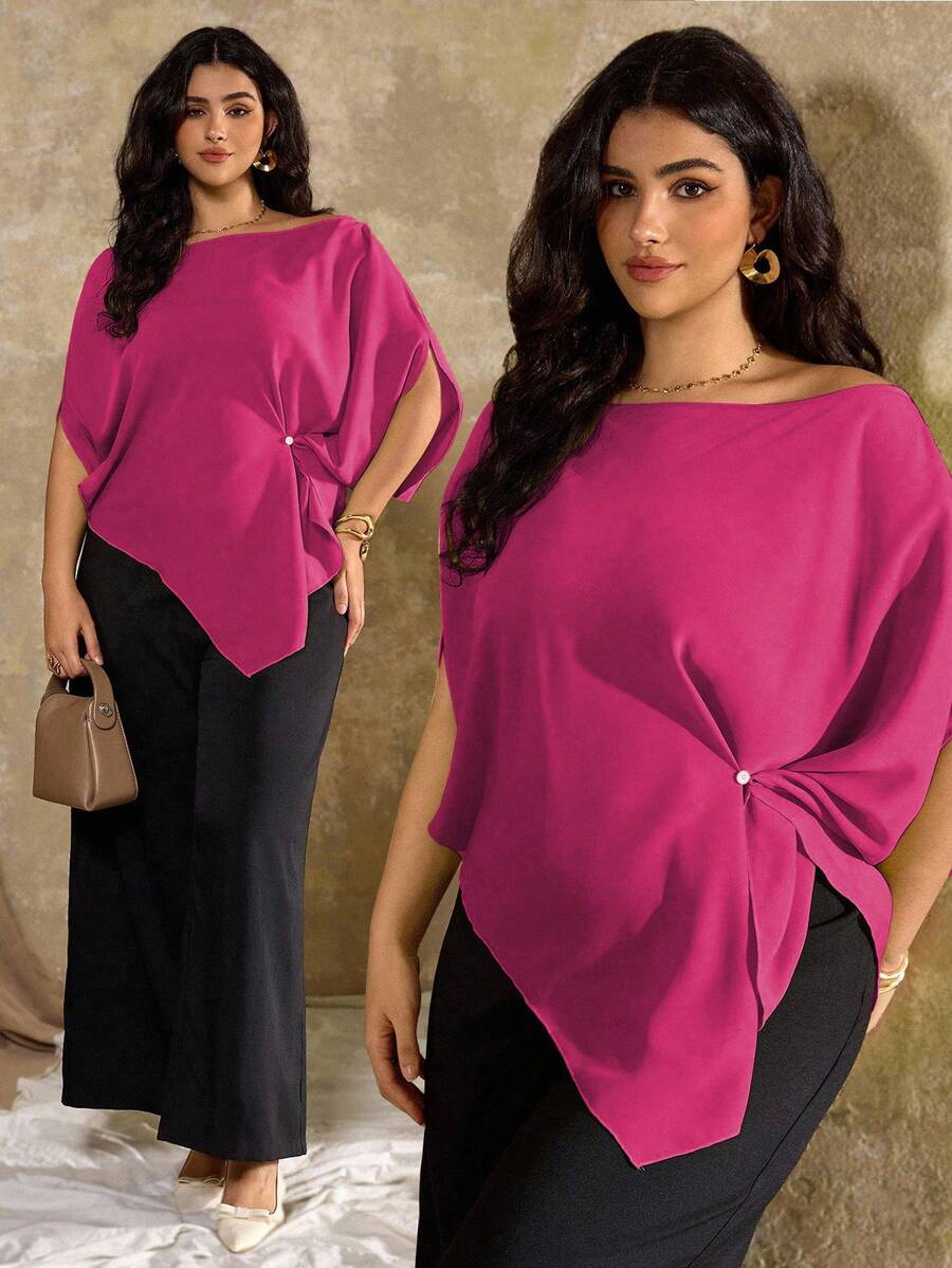 Roveilla Áo kiểu nữ cỡ lớn, tay ngắn, vai lệch, phong cách Pháp, dáng casual. - Màu Hồng Tươi - Xem 1