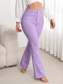 SHEIN PETITE Quần jeans ống loe nữ màu trơn dáng suông có túi xéo - Màu tím - Xem 6