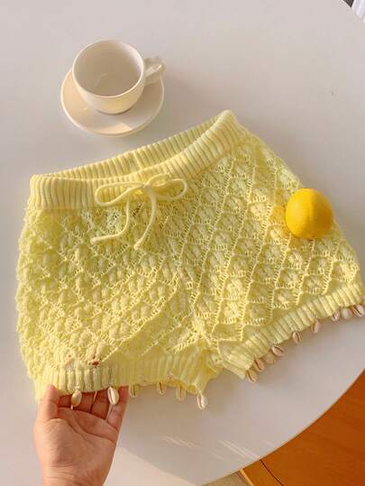 Comfortcana Quần short dệt kim nữ màu trơn, cạp chun, kiểu dáng thường ngày, đa năng, có dây rút.