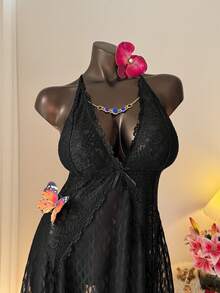 Auralis Camicia da notte in rete trasparente con decorazione a losanghe e gemme, sexy, taglie forti per donne - nero - Visualizzare 7