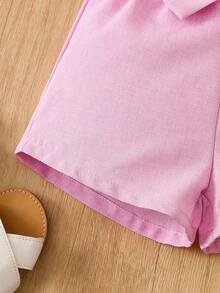 Young Girl Asymmetrical Neck Tank Top & Paperbag Waist Belted Shorts Summer Holiday - Multicolor - View 7