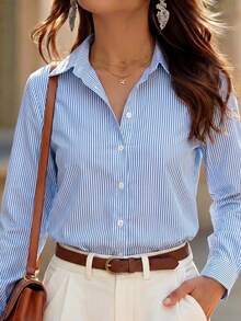 Blusa a rayas de oficina para mujer, blusas de manga larga - Azul y blanco - Ver 1