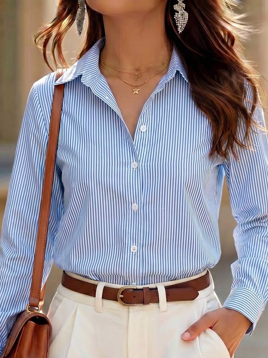 Blusa a rayas de oficina para mujer, blusas de manga larga - Azul y blanco - Ver 1