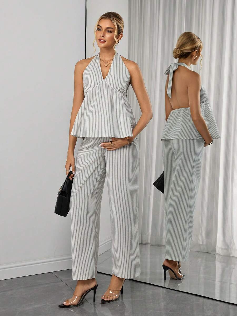 SHEIN 2pcs Maternity Set White Summer Elegant Halter Tie Back Bow Decor ...