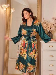 MuseNap CURVE Plus Size Women's Dark Green Faux Silk Leopard Floral 3 PiecesPajama Set: Robe, Camisole, And Shorts - Multicolor - View 4