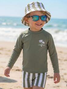 SHEIN 2pcs Kids Boys Summer Vacation Casual Knit Coconut Tree Print Long Sleeve Swimsuit & Striped Swim Trunks Set - Multicolor - View 4