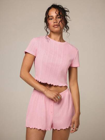 Athîral Women's Solid Color Short Sleeve Top And Shorts Pajama Set