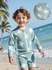 男婴新款长袖拉链印花防晒泳衣 - 墨綠色 - 查看 1