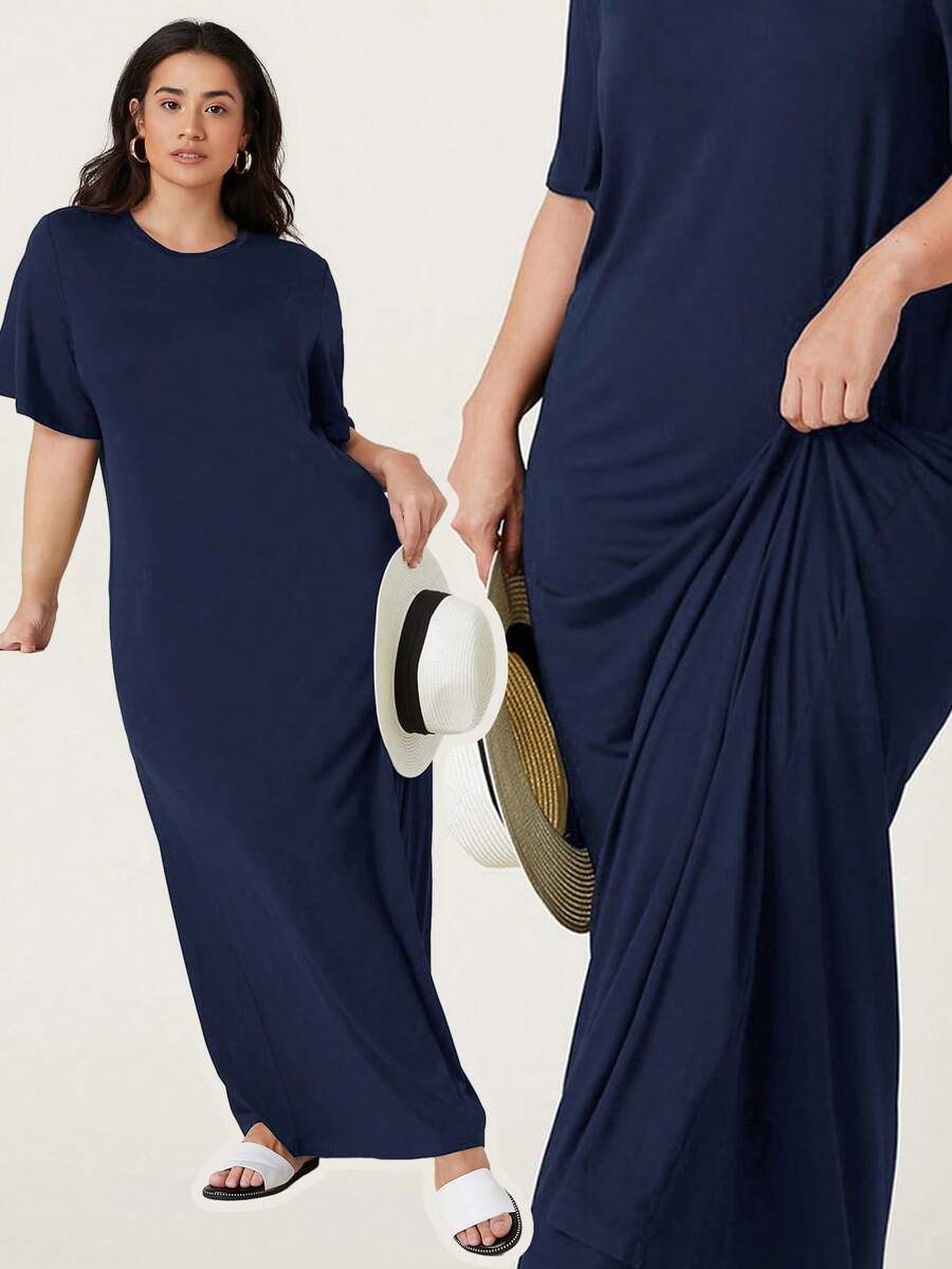 SHEIN BASICS 大码女式纯色圆领短袖休闲连衣裙 - 藏蓝色 - 查看 1