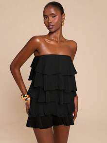SHEIN BAE Mono elegante y chic de mujer de unicolor minimalista con volantes multicapa, para verano - Negro - Ver 4