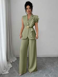 Elenzya Traje formal elegante de mujer color albaricoque, conjunto de blazer con cuello de volantes de organza con lentejuelas y cintura con lazo, que incluye chaqueta sin mangas y pantalones rectos, color burdeos, adecuado para Halloween, Navidad, Año Nuevo, ceremonia de graduación, boda y otras ocasiones - Verde - Ver 7